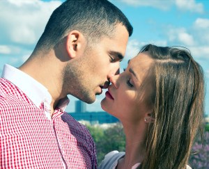 Loving couple in romantic city